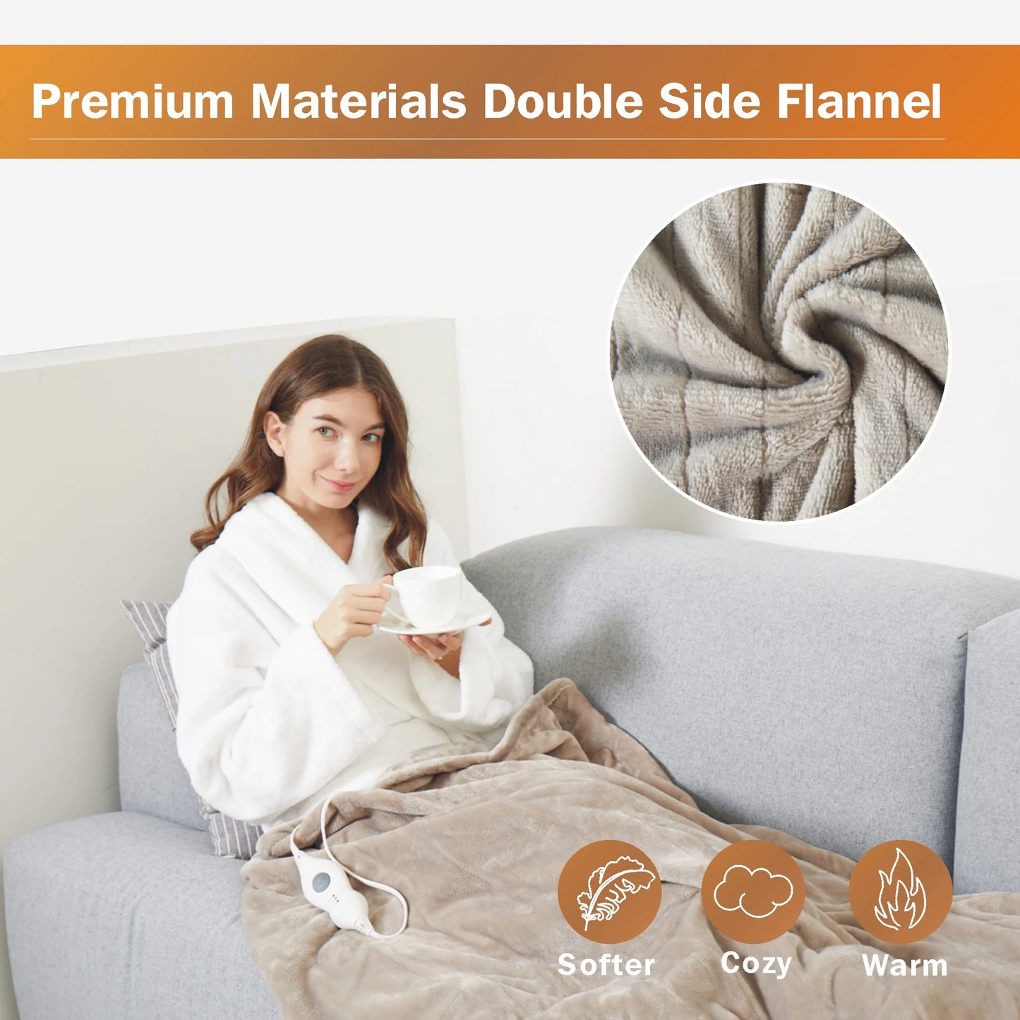 Electric Heated Blanket Throw,50"X60"Double Flannel Fabric Heated Throw Blanket for Home Office, Camel