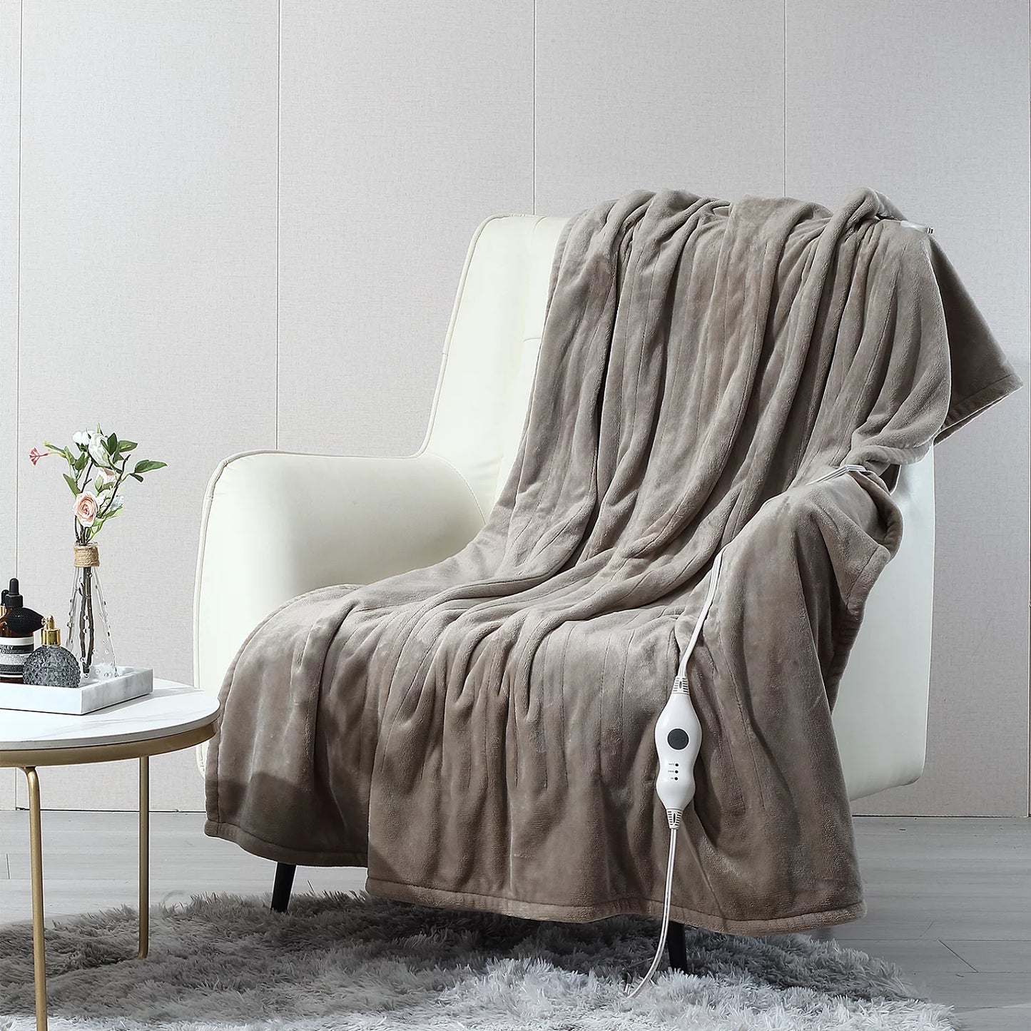 Electric Heated Blanket Throw,50"X60"Double Flannel Fabric Heated Throw Blanket for Home Office, Camel