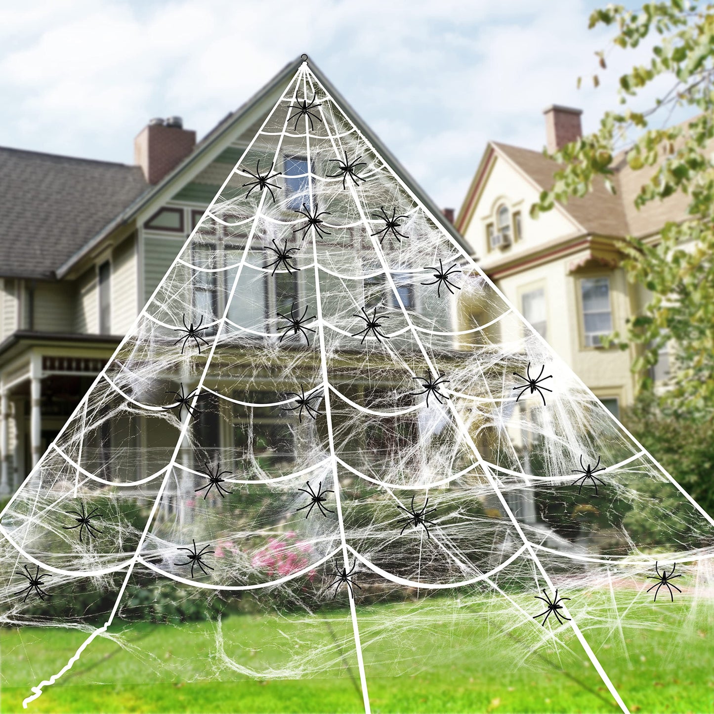 Halloween Huge Triangular White Spider Web with 24 Spiders and 120G Super Stretch Cobweb Outdoor Decorations for Outdoor Halloween Decor Yard