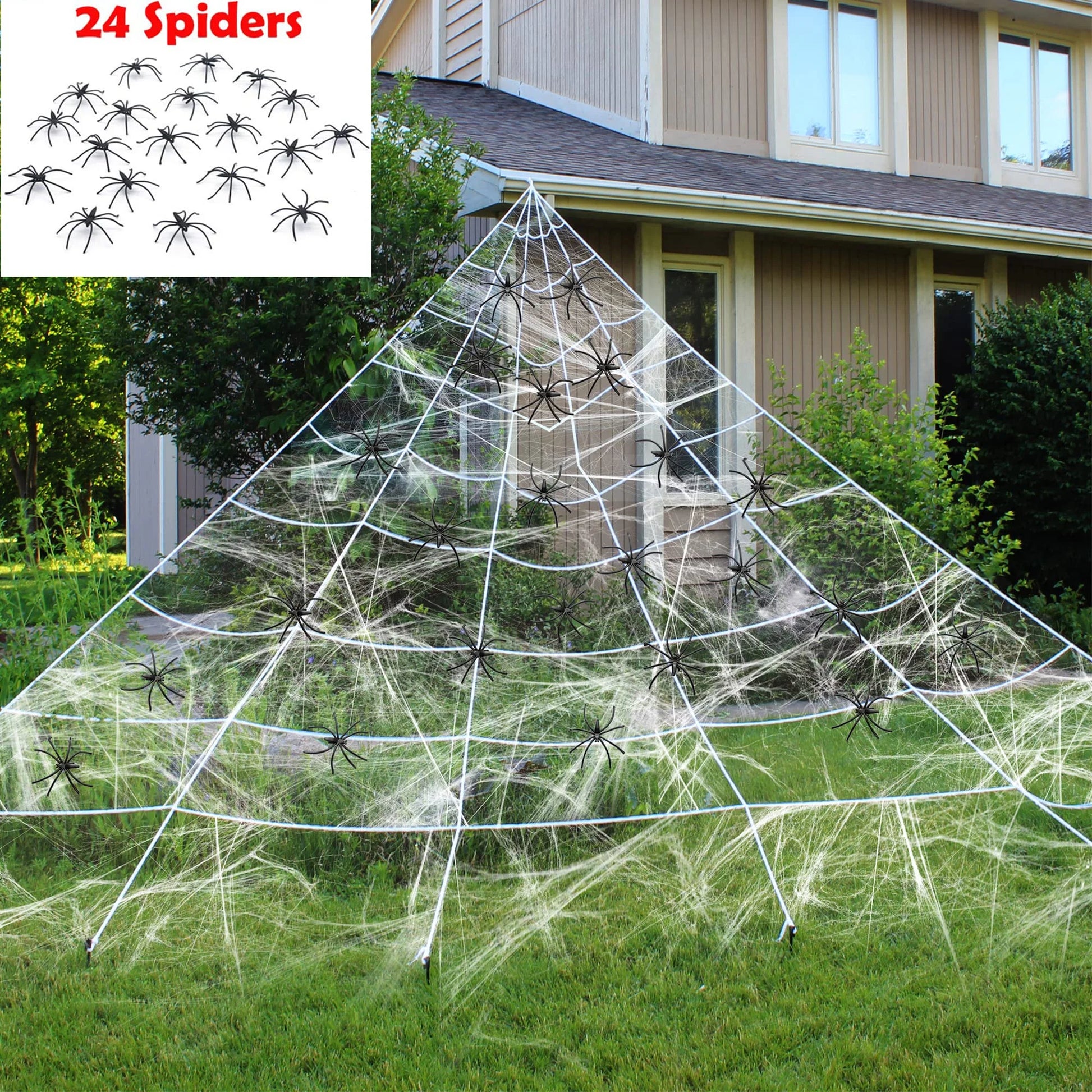 Halloween Huge Triangular White Spider Web with 24 Spiders and 120G Super Stretch Cobweb Outdoor Decorations for Outdoor Halloween Decor Yard