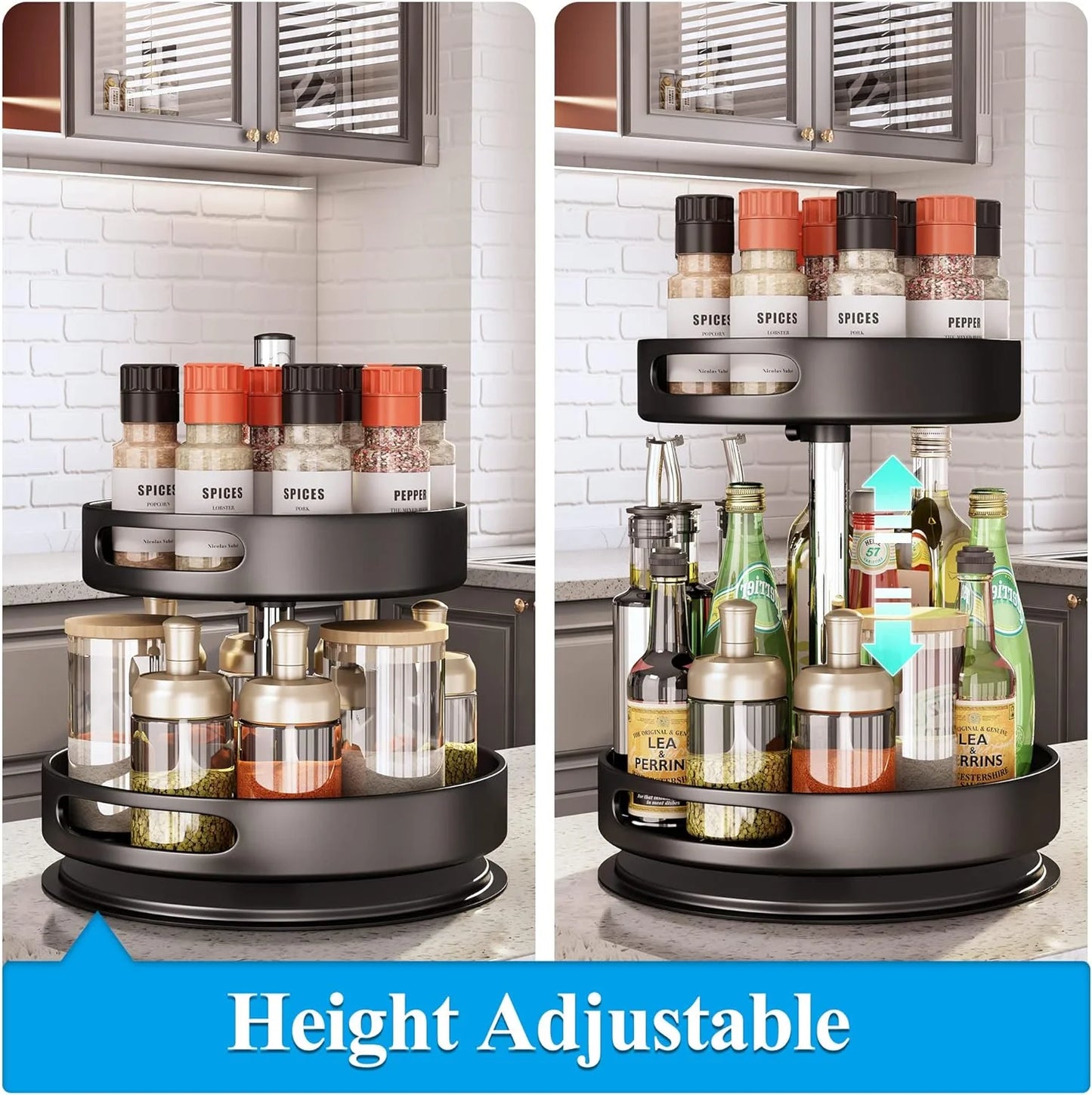 2 Tier Rotating Spice Rack Organizer, 360 Degree Rotation Turntable Kitchen Organizers and Storage, Metal Spice Holder for Kitchen Pantry Storage Cupboard Table