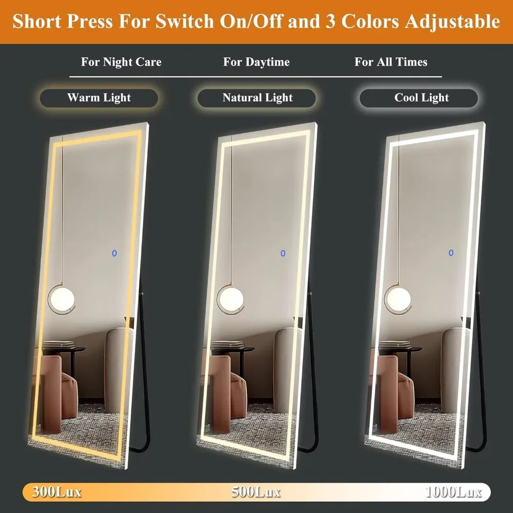 LED Mirror 63"X 16" Full Length Standing Mirror Large Rectangle Mirrors 3 Colors Dimmable Lighting, Stepless Dimming - White