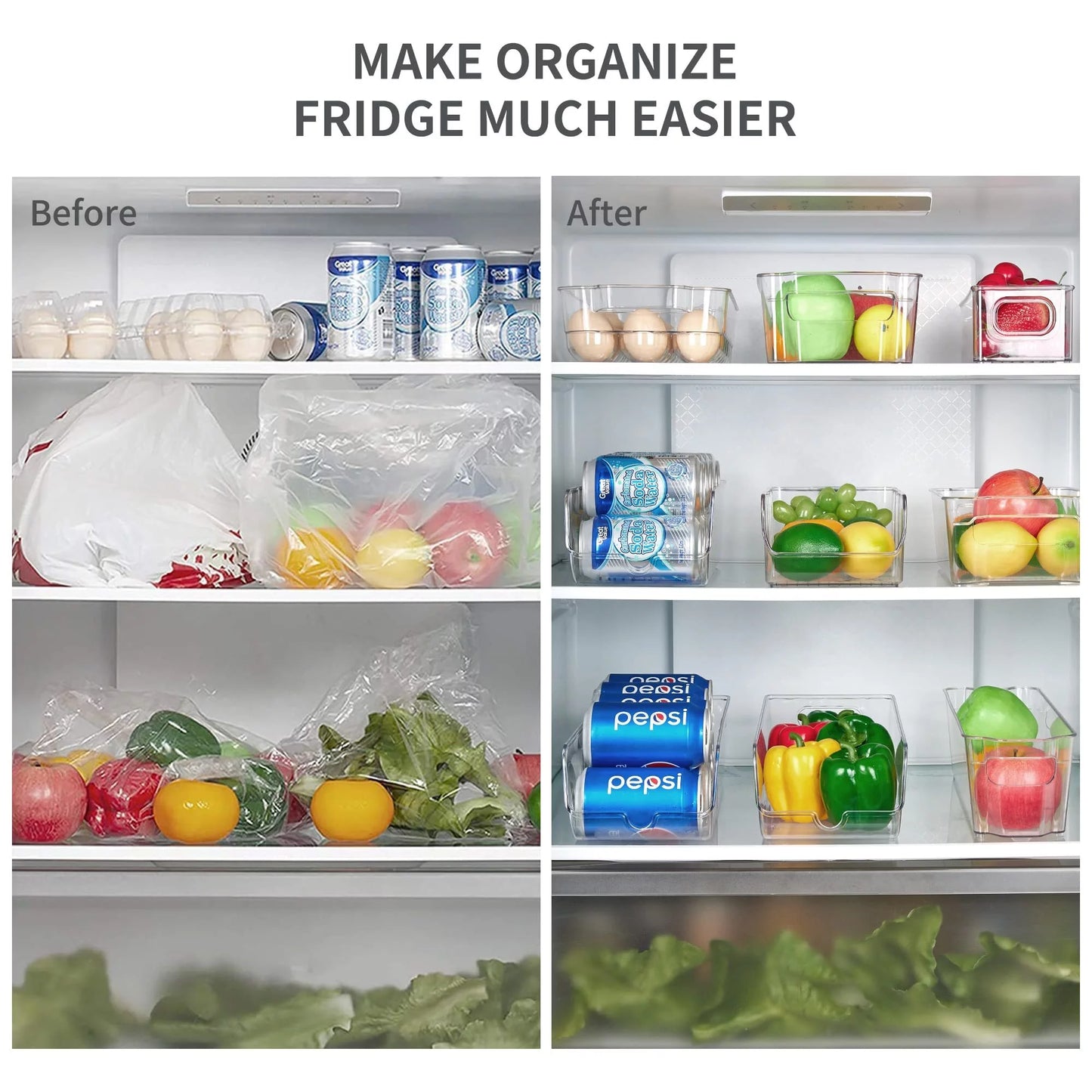 Set of 8 Refrigerator Organizer Bins,  Clear Plastics Fridge Organizers and Storage with Handles