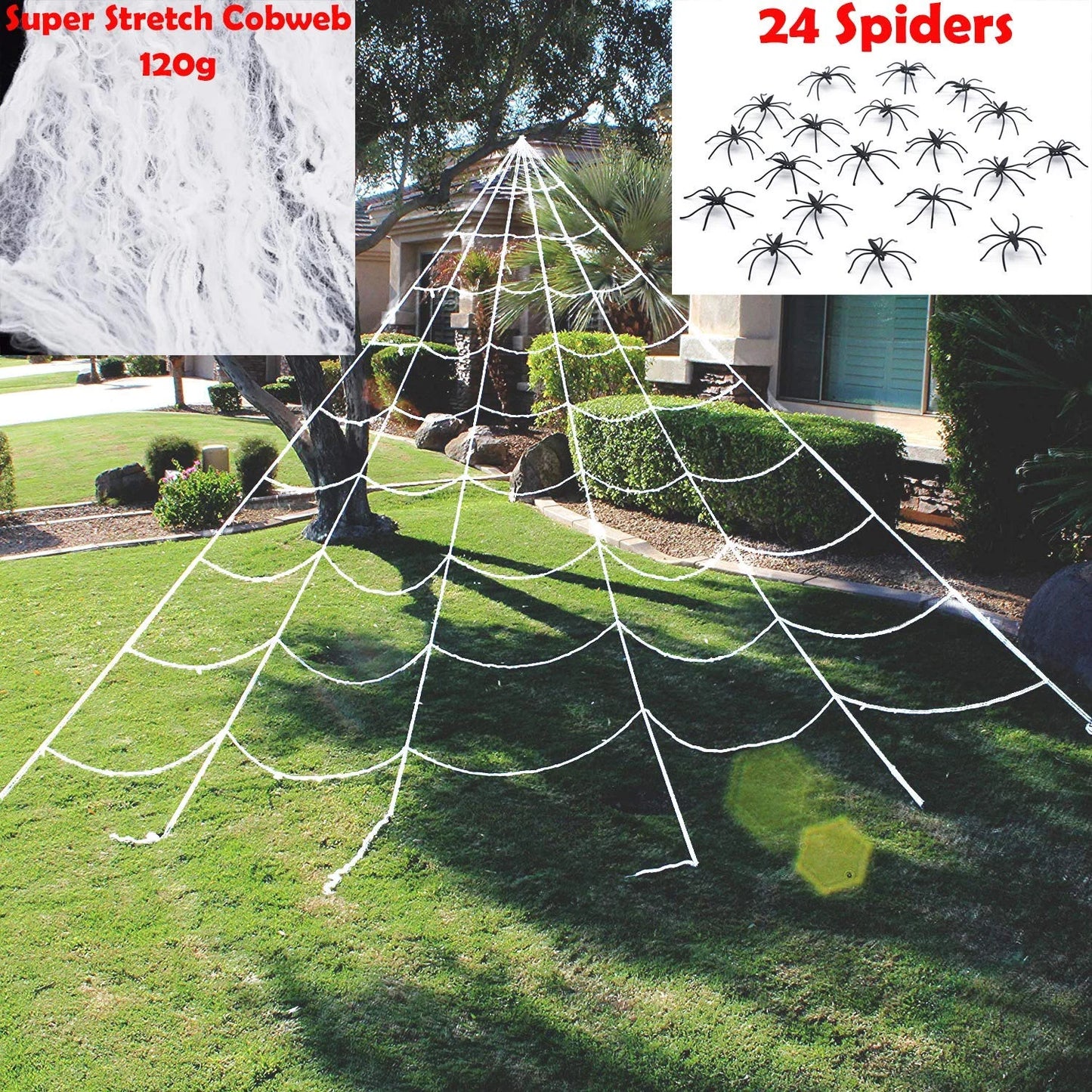 Halloween Huge Triangular White Spider Web with 24 Spiders and 120G Super Stretch Cobweb Outdoor Decorations for Outdoor Halloween Decor Yard