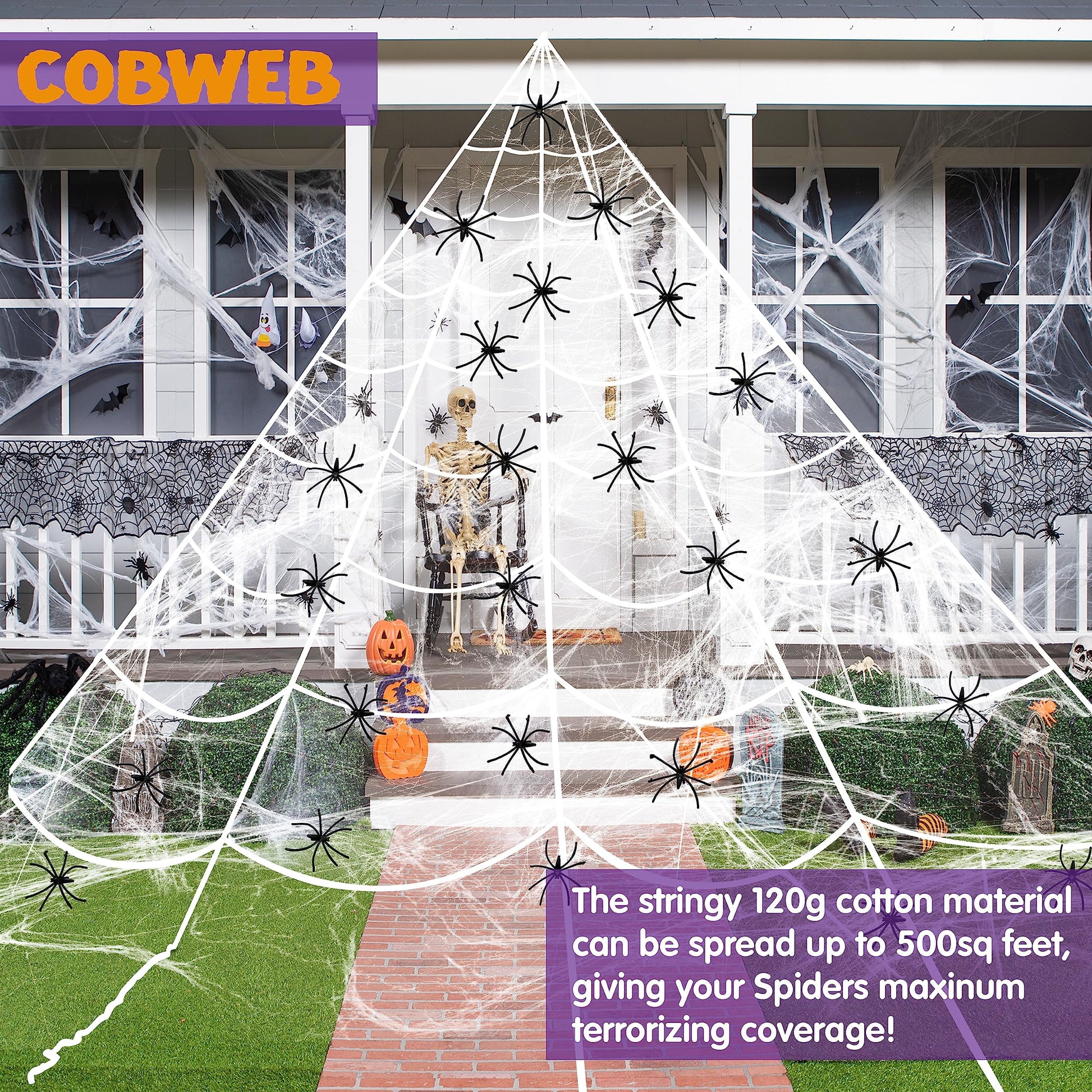 Halloween Huge Triangular White Spider Web with 24 Spiders and 120G Super Stretch Cobweb Outdoor Decorations for Outdoor Halloween Decor Yard